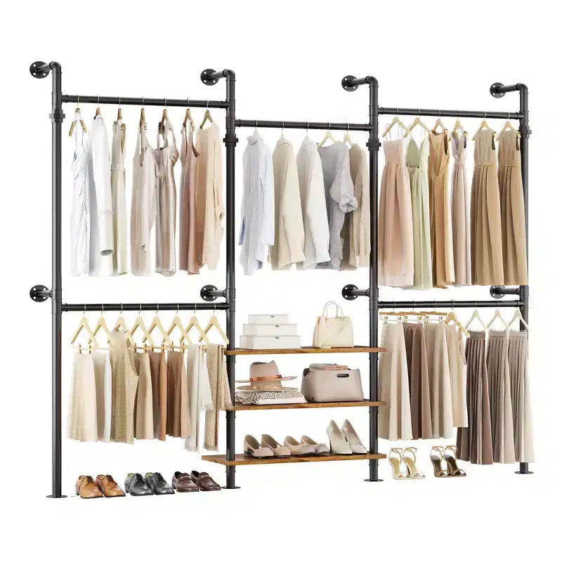 84-128" Metal Pipe Clothing Rack, Wall Mounted Garment Rack