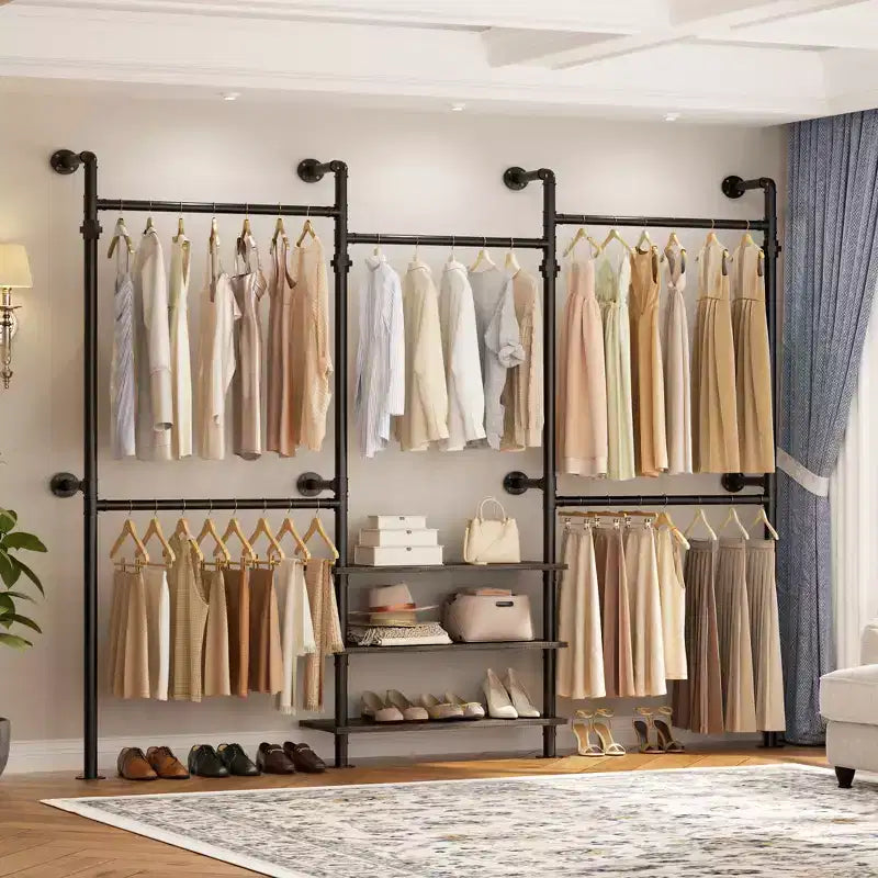 84-128" Metal Pipe Clothing Rack, Wall Mounted Garment Rack