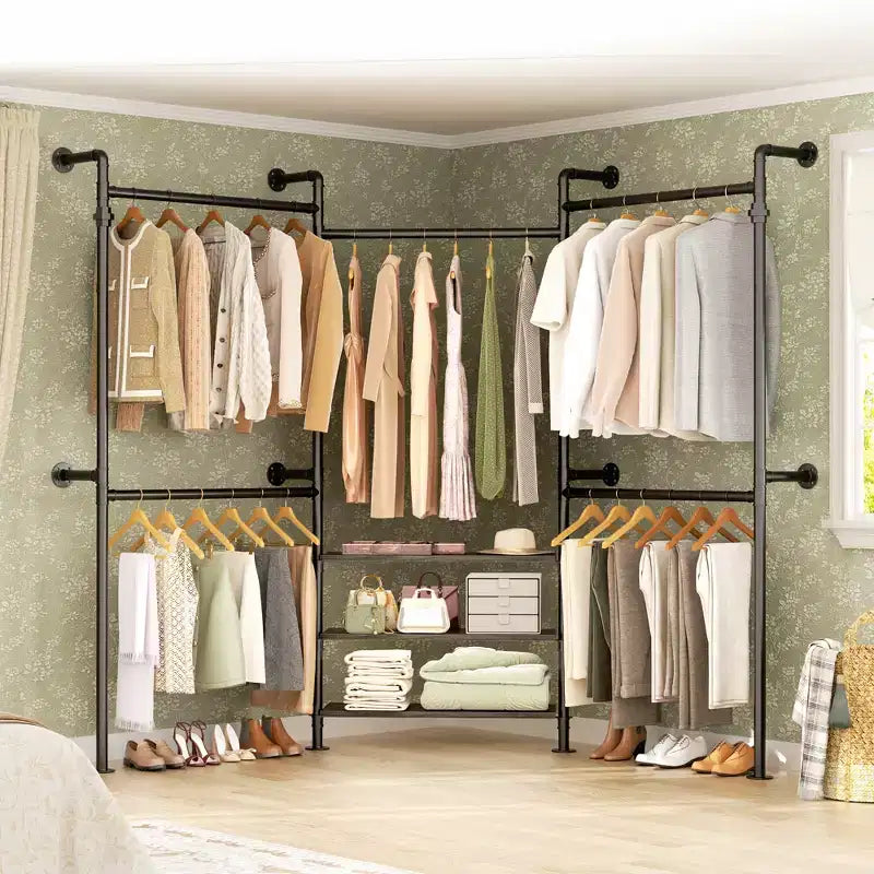 84-128" Metal Pipe Clothing Rack, Wall Mounted Garment Rack