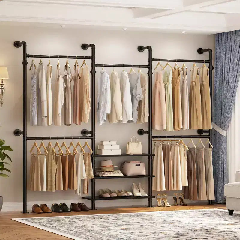 84-128" Metal Pipe Clothing Rack, Wall Mounted Garment Rack