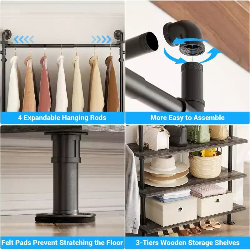 84-128" Metal Pipe Clothing Rack, Wall Mounted Garment Rack