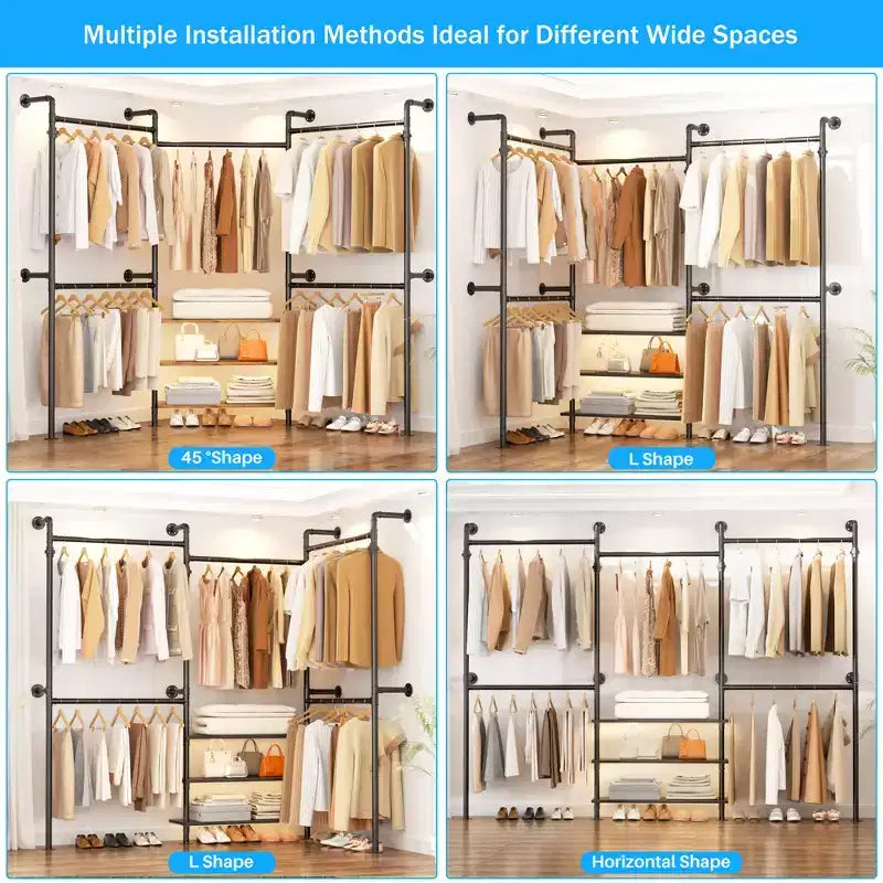 84-128" Metal Pipe Clothing Rack, Wall Mounted Garment Rack