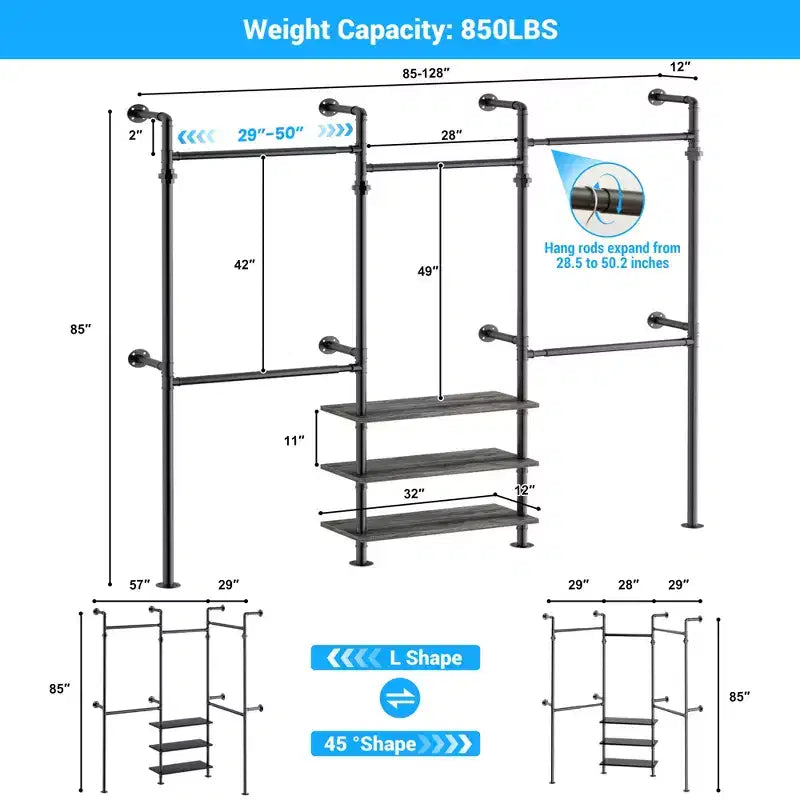 84-128" Metal Pipe Clothing Rack, Wall Mounted Garment Rack