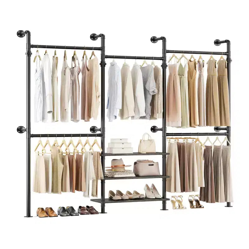 84-128" Metal Pipe Clothing Rack, Wall Mounted Garment Rack