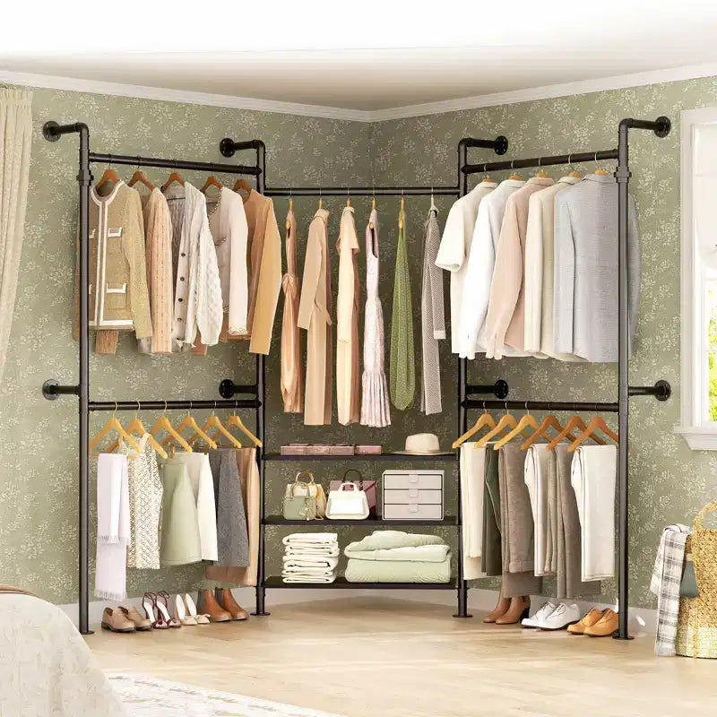 84-128" Metal Pipe Clothing Rack, Wall Mounted Garment Rack
