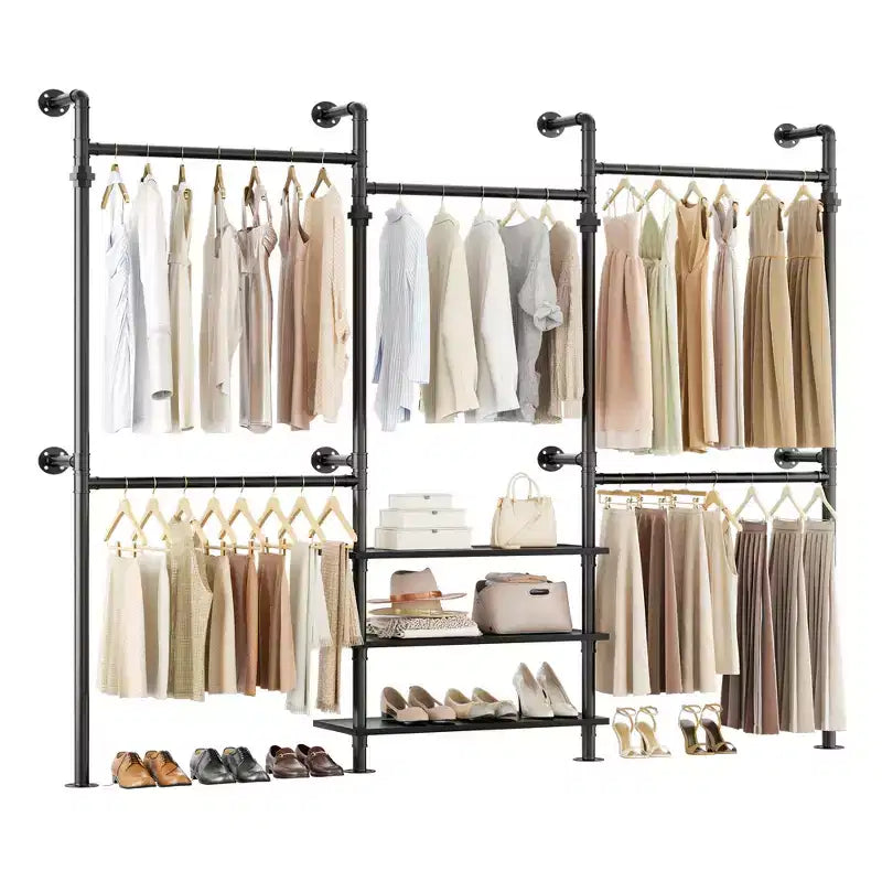 84-128" Metal Pipe Clothing Rack, Wall Mounted Garment Rack