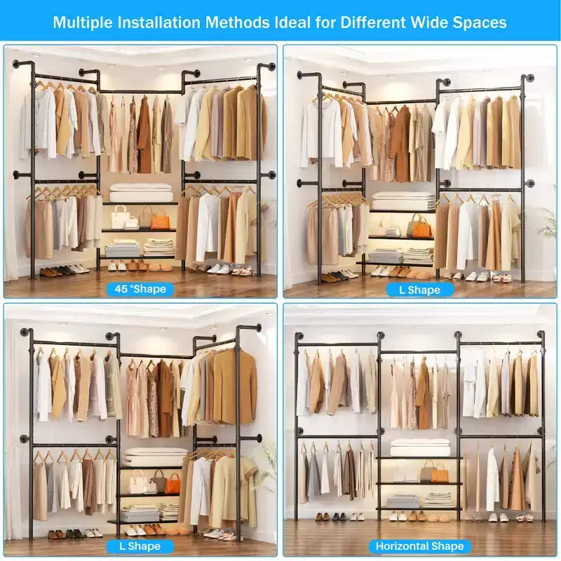 84-128" Metal Pipe Clothing Rack, Wall Mounted Garment Rack