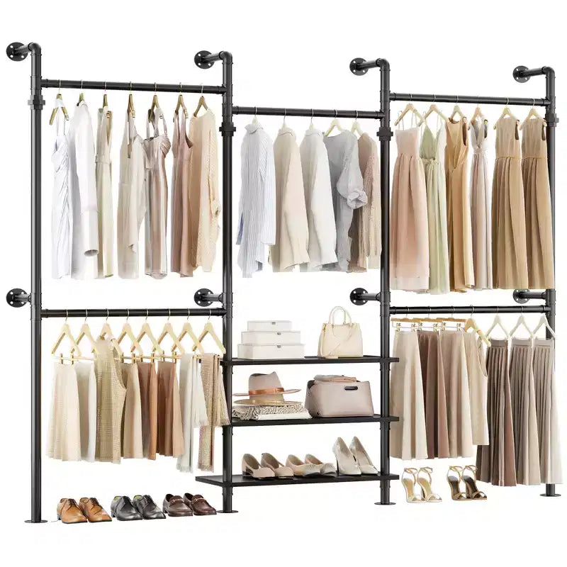 84-128" Metal Pipe Clothing Rack, Wall Mounted Garment Rack