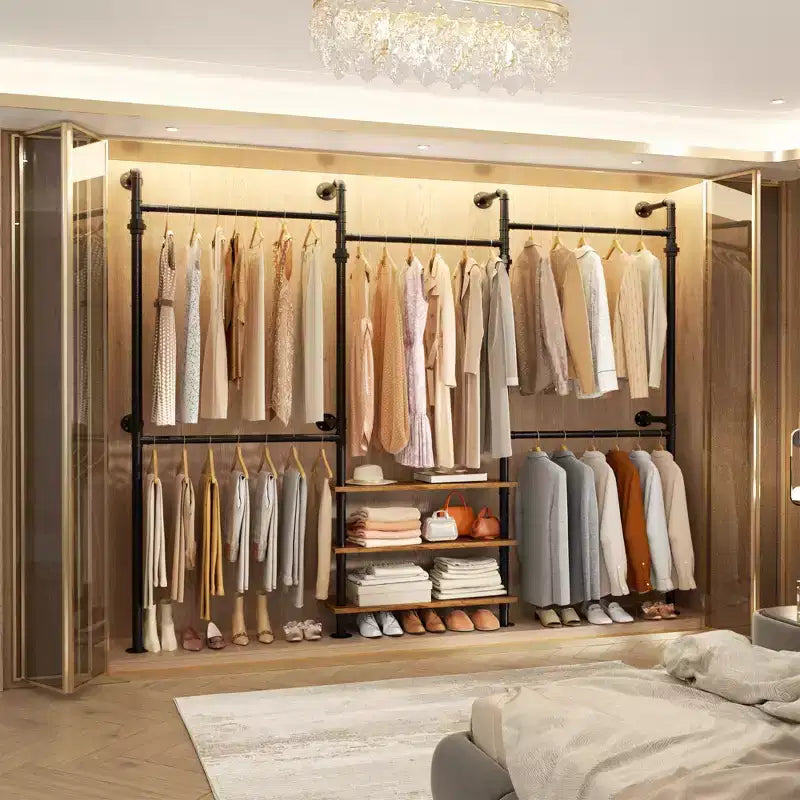 84-128" Metal Pipe Clothing Rack, Wall Mounted Garment Rack