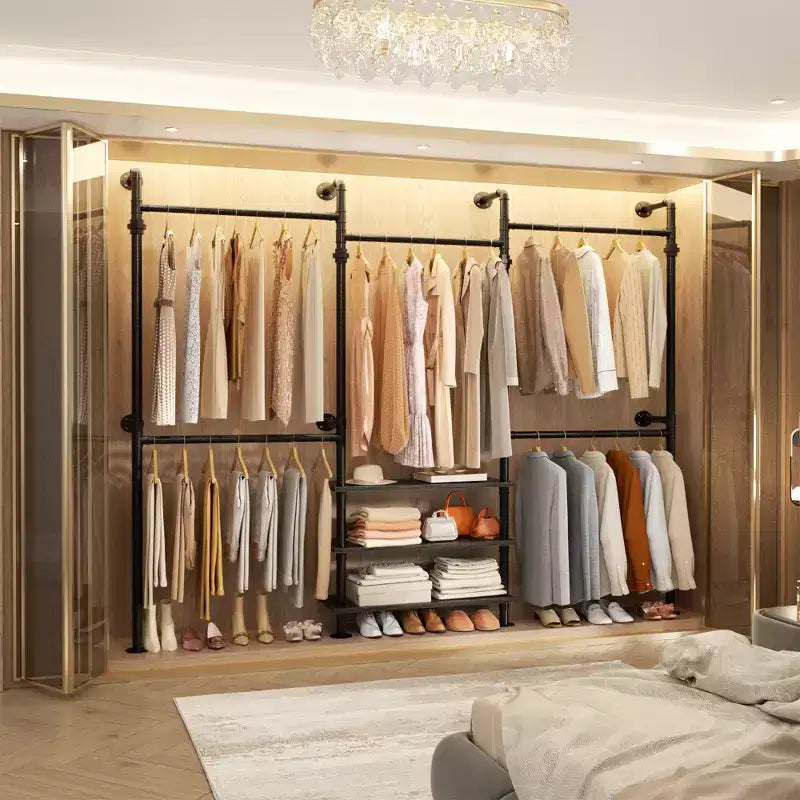 84-128" Metal Pipe Clothing Rack, Wall Mounted Garment Rack