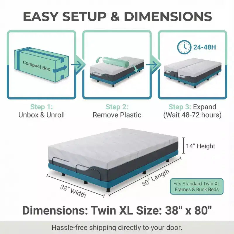 12-14 Inch Twin XL Memory Foam Mattress, Firm Cooling Gel Green Tea Bed in a Box, Fiberglass-Free Cover, Pressure Relief Support