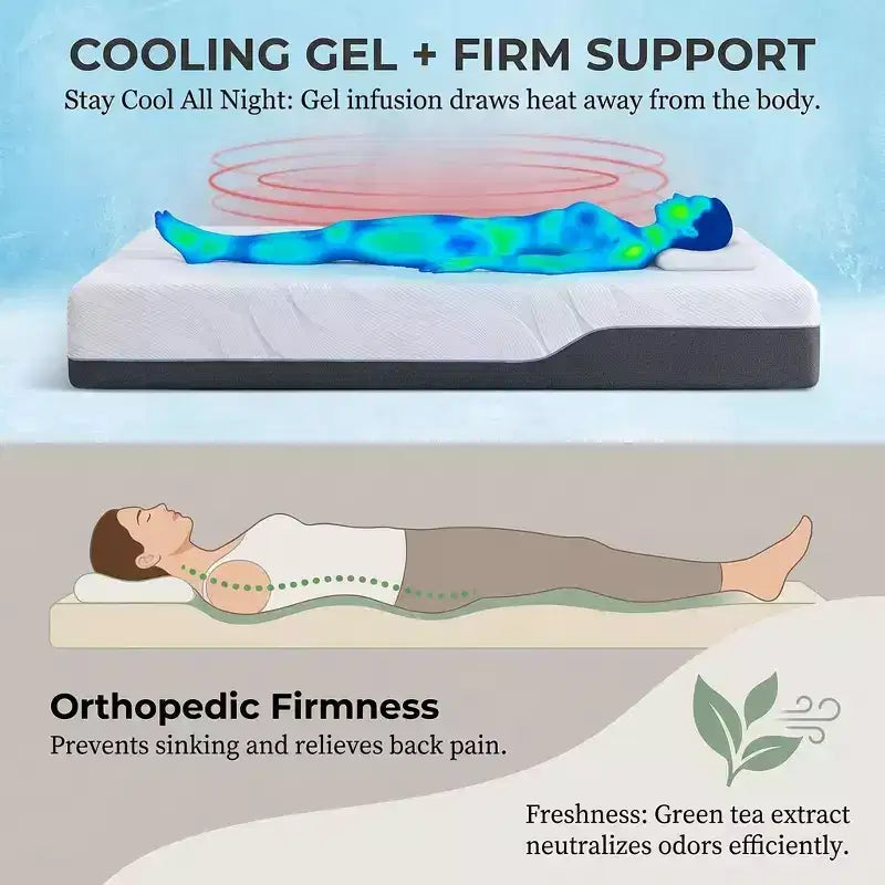 12-14 Inch Twin XL Memory Foam Mattress, Firm Cooling Gel Green Tea Bed in a Box, Fiberglass-Free Cover, Pressure Relief Support