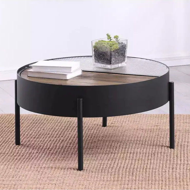 Round Coffee Table with Hidden Storage, Tempered Reeded Glass & Sliding Wood Surface
