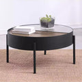 Round Coffee Table with Hidden Storage, Tempered Reeded Glass & Sliding Wood Surface