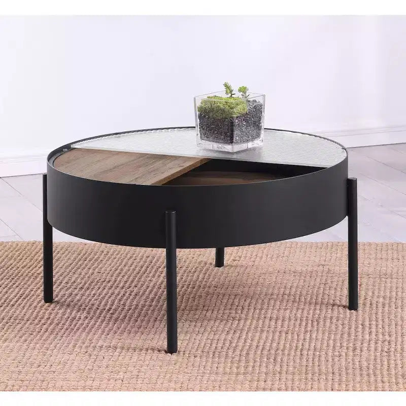 Round Coffee Table with Hidden Storage, Tempered Reeded Glass & Sliding Wood Surface