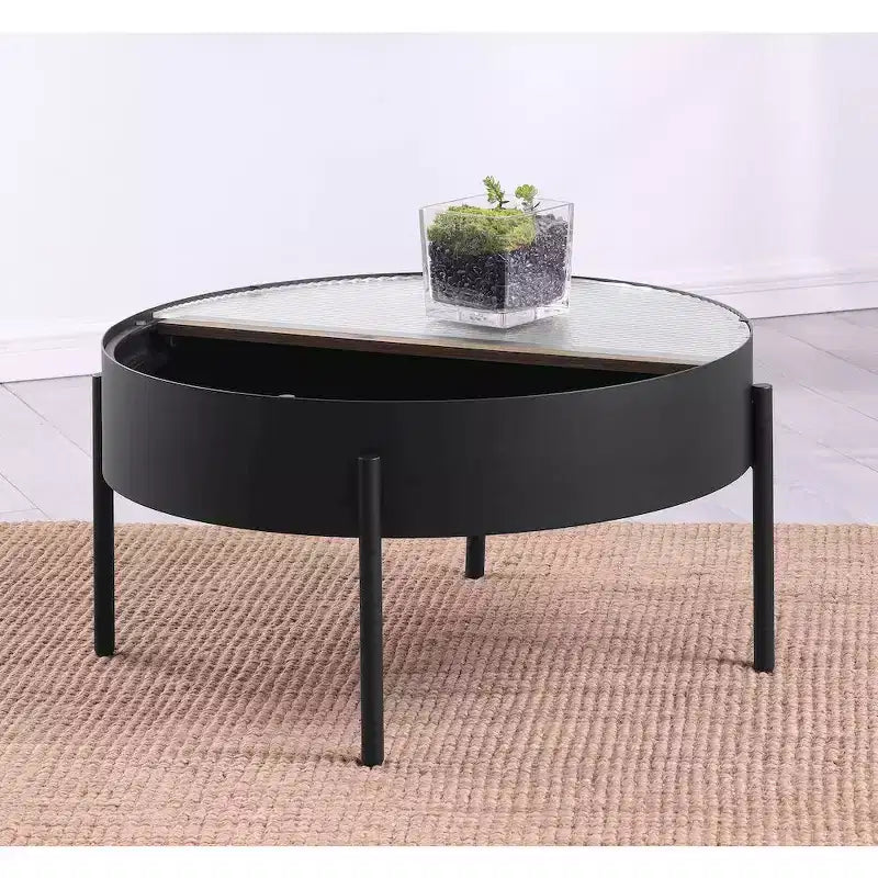 Round Coffee Table with Hidden Storage, Tempered Reeded Glass & Sliding Wood Surface