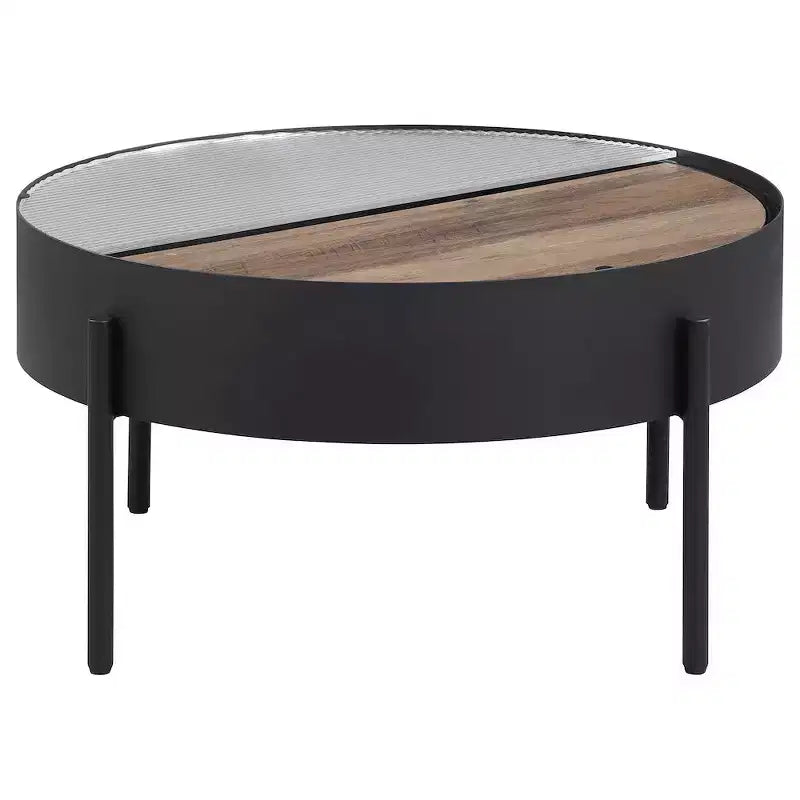 Round Coffee Table with Hidden Storage, Tempered Reeded Glass & Sliding Wood Surface