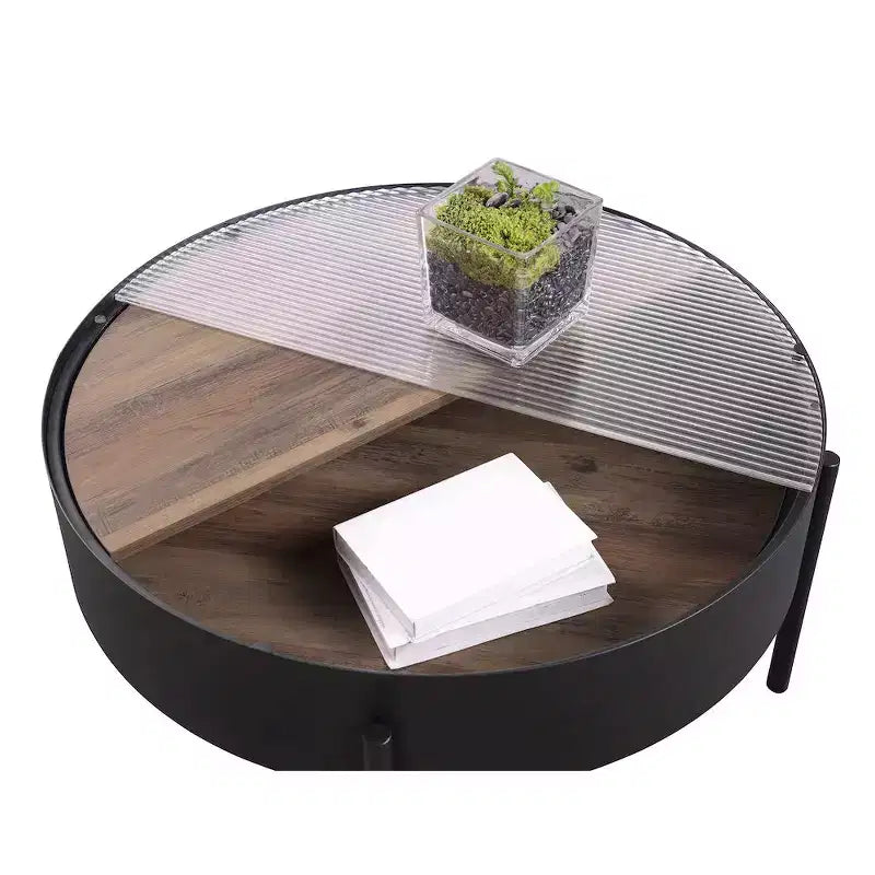 Round Coffee Table with Hidden Storage, Tempered Reeded Glass & Sliding Wood Surface