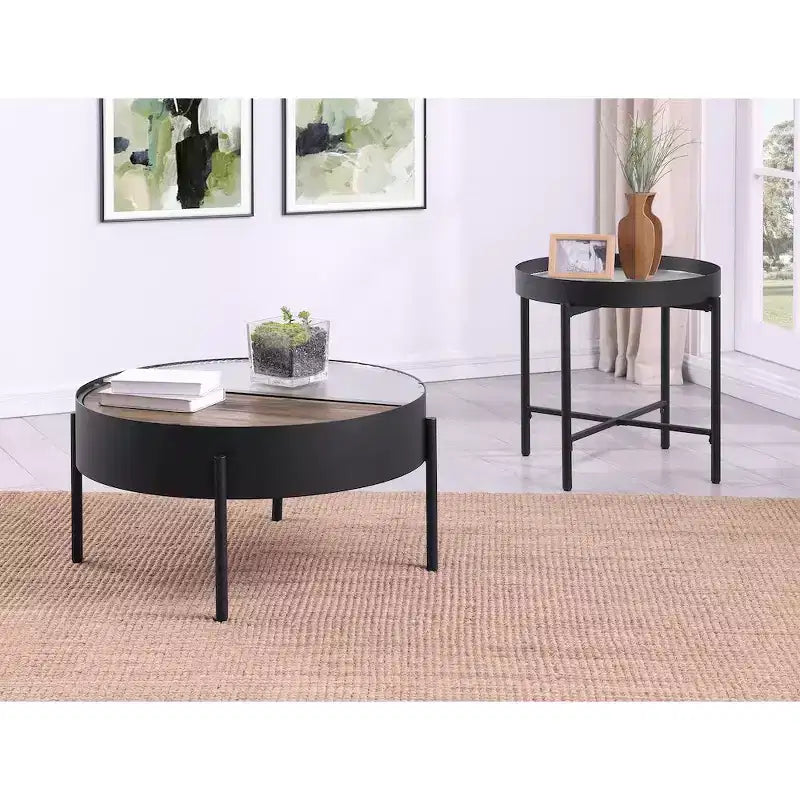 Round Coffee Table with Hidden Storage, Tempered Reeded Glass & Sliding Wood Surface