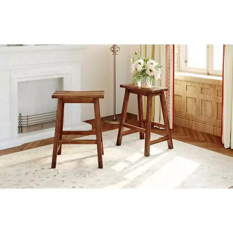 2-Piece Farmhouse Counter Height Stools, Rustic Wood Design, Small Kitchen Dining, Walnut