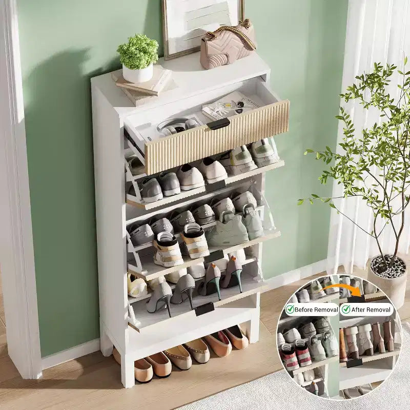 Shoe Storage Cabinet with 3 Flip Drawers & 1 Storage Drawer, 24'' W Narrow Shoe Cabinet with Adjustable Shelf