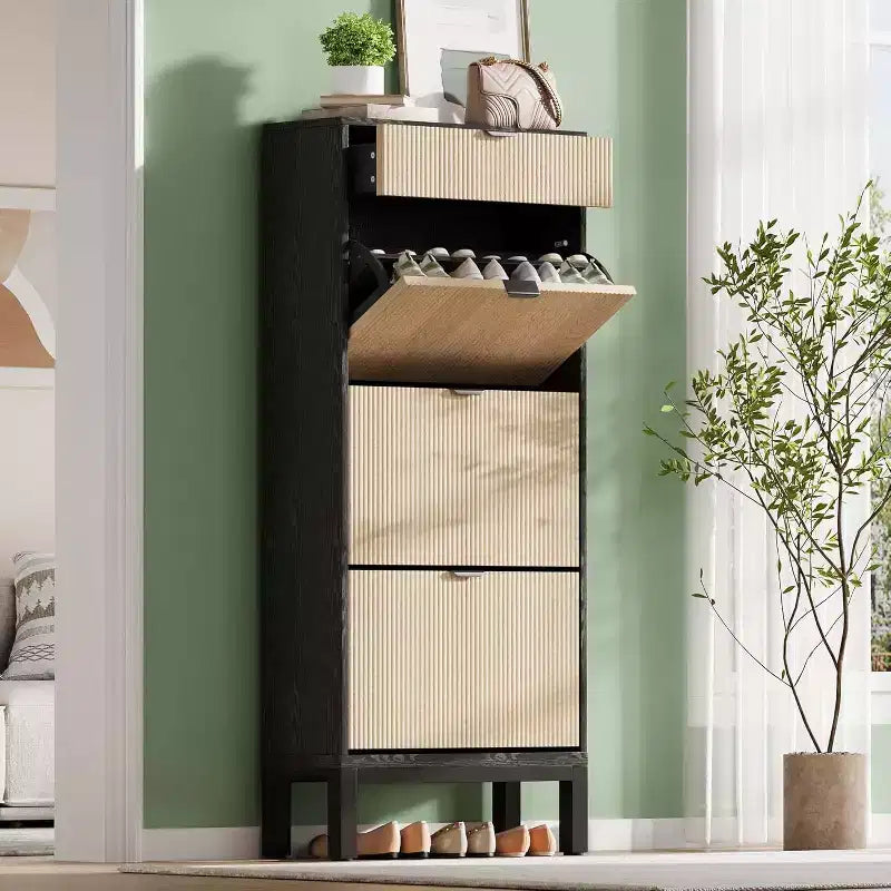 Shoe Storage Cabinet with 3 Flip Drawers & 1 Storage Drawer, 24'' W Narrow Shoe Cabinet with Adjustable Shelf