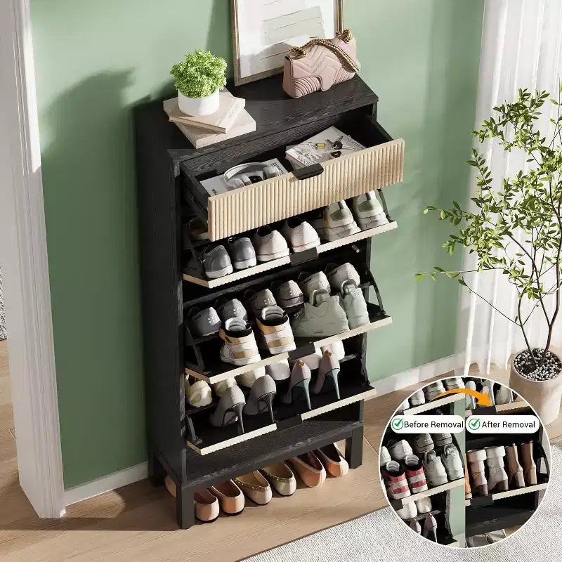 Shoe Storage Cabinet with 3 Flip Drawers & 1 Storage Drawer, 24'' W Narrow Shoe Cabinet with Adjustable Shelf