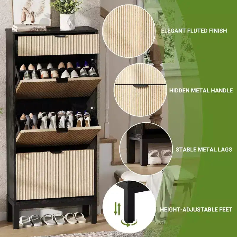 Shoe Storage Cabinet with 3 Flip Drawers & 1 Storage Drawer, 24'' W Narrow Shoe Cabinet with Adjustable Shelf