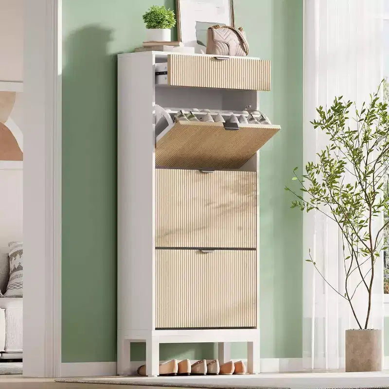 Shoe Storage Cabinet with 3 Flip Drawers & 1 Storage Drawer, 24'' W Narrow Shoe Cabinet with Adjustable Shelf