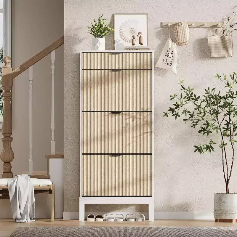 Shoe Storage Cabinet with 3 Flip Drawers & 1 Storage Drawer, 24'' W Narrow Shoe Cabinet with Adjustable Shelf