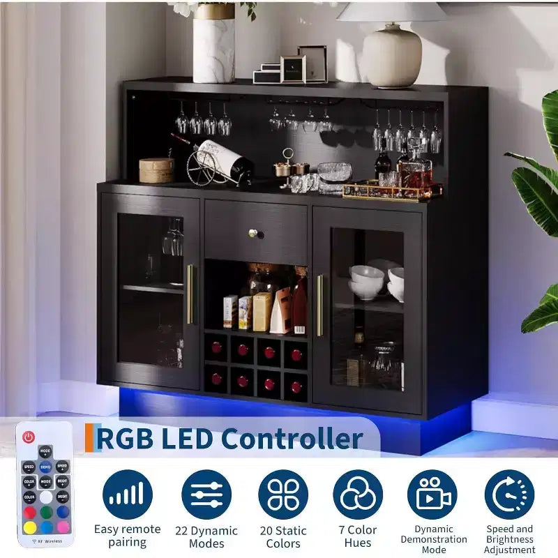 47" Rustic Black Home Bar Cabinet, Lockable Glass Door, Wine & Coffee Storage for Kitchen, Living Room, Game Room