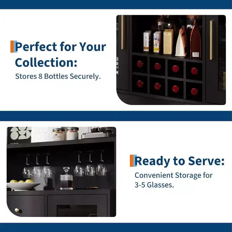 47" Rustic Black Home Bar Cabinet, Lockable Glass Door, Wine & Coffee Storage for Kitchen, Living Room, Game Room