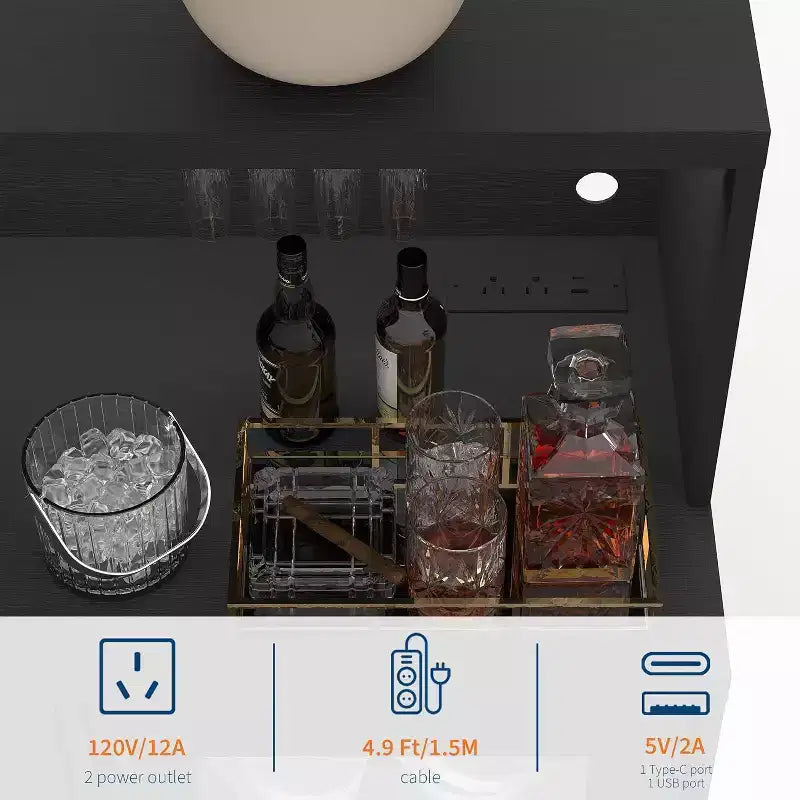 47" Rustic Black Home Bar Cabinet, Lockable Glass Door, Wine & Coffee Storage for Kitchen, Living Room, Game Room