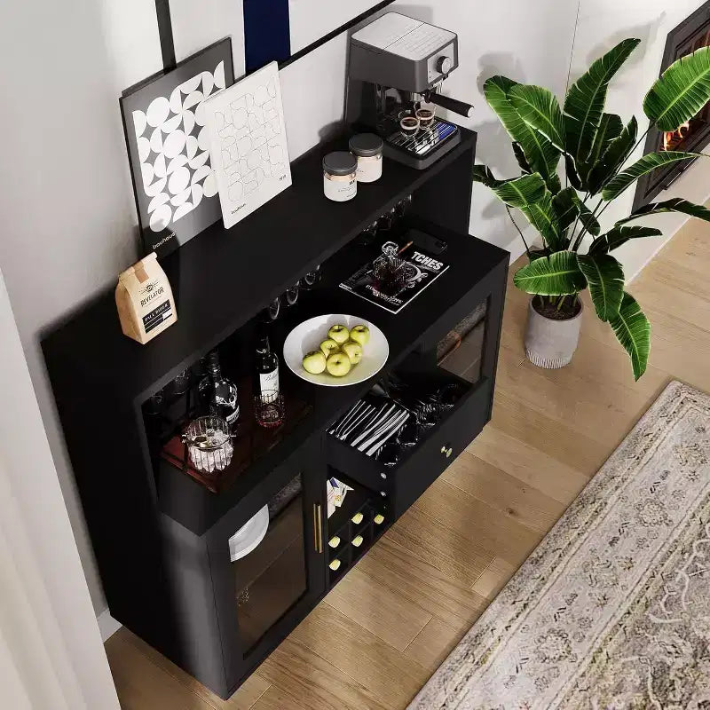 47" Rustic Black Home Bar Cabinet, Lockable Glass Door, Wine & Coffee Storage for Kitchen, Living Room, Game Room