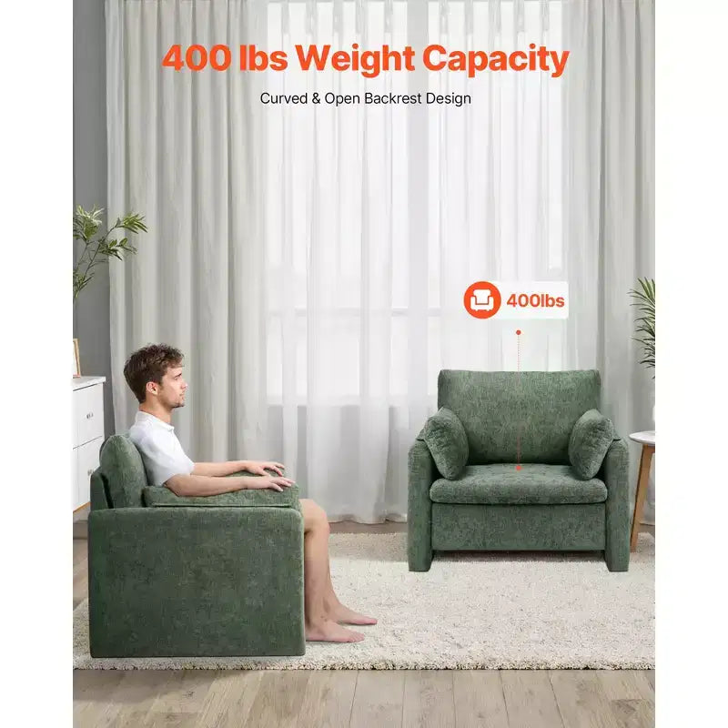 Green Accent Chair, Modern Upholstered Chair with Armrests, Thick Cushion and Arched Backrest