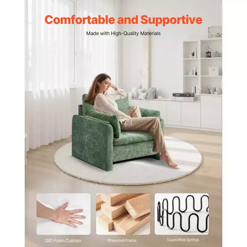 Green Accent Chair, Modern Upholstered Chair with Armrests, Thick Cushion and Arched Backrest