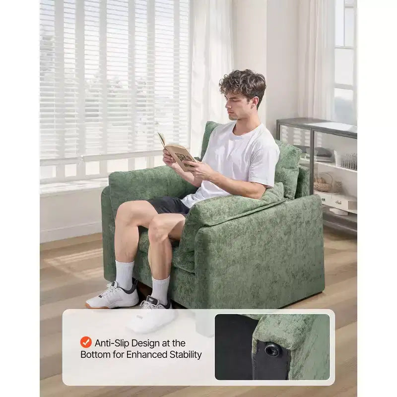 Green Accent Chair, Modern Upholstered Chair with Armrests, Thick Cushion and Arched Backrest