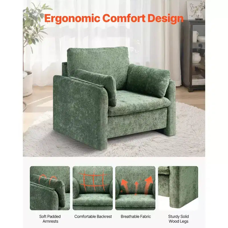 Green Accent Chair, Modern Upholstered Chair with Armrests, Thick Cushion and Arched Backrest