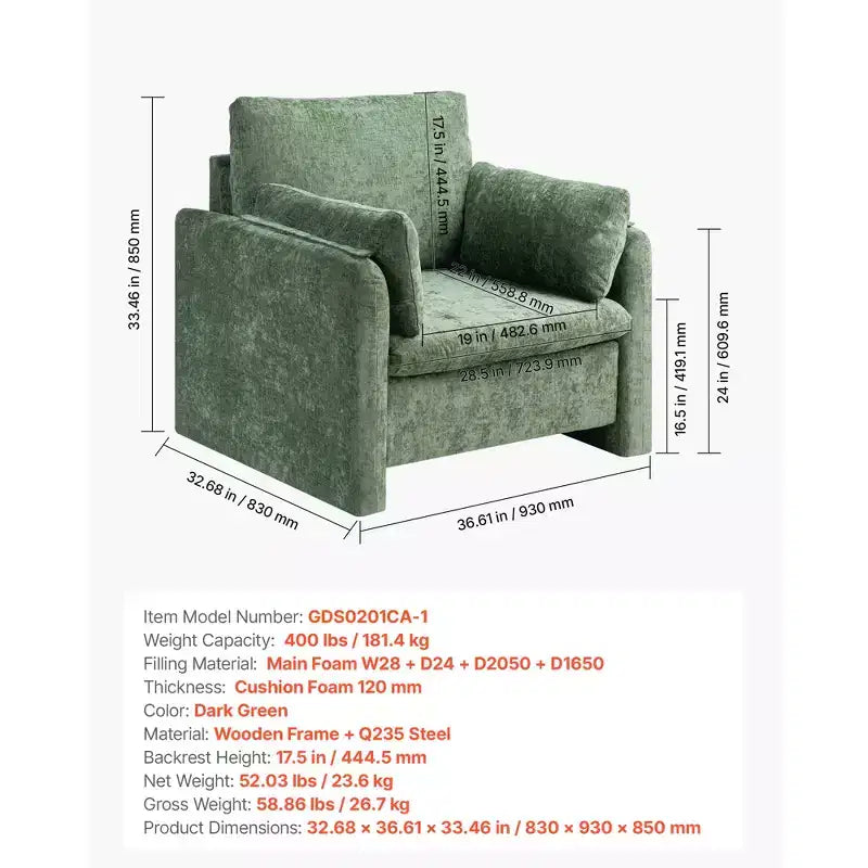 Green Accent Chair, Modern Upholstered Chair with Armrests, Thick Cushion and Arched Backrest