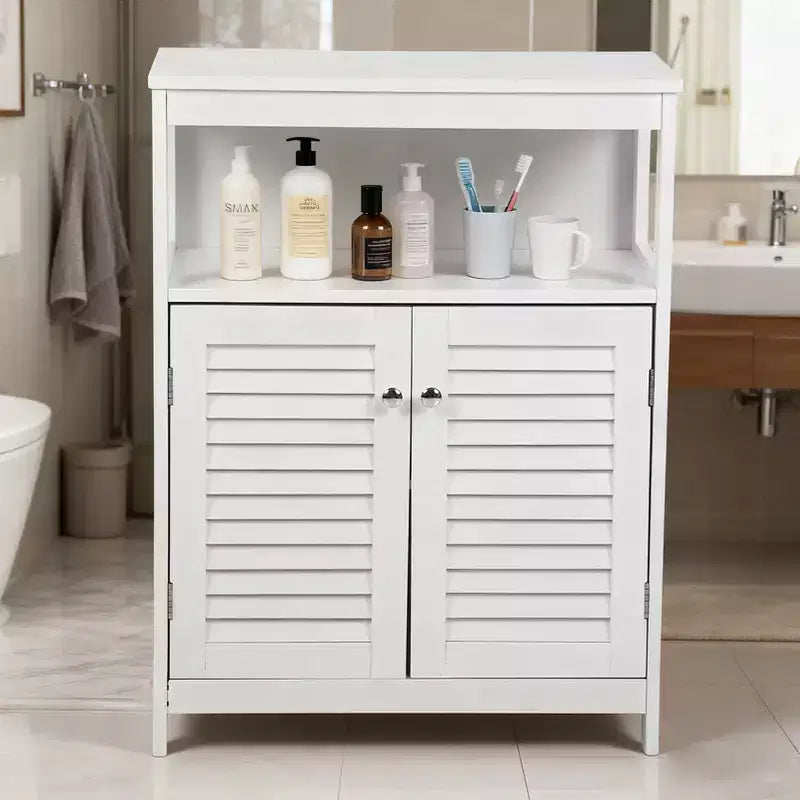 Bathroom Storage Cabinet, White Waterproof Freestanding Cabinet with Removable Shelf & Shutter Doors