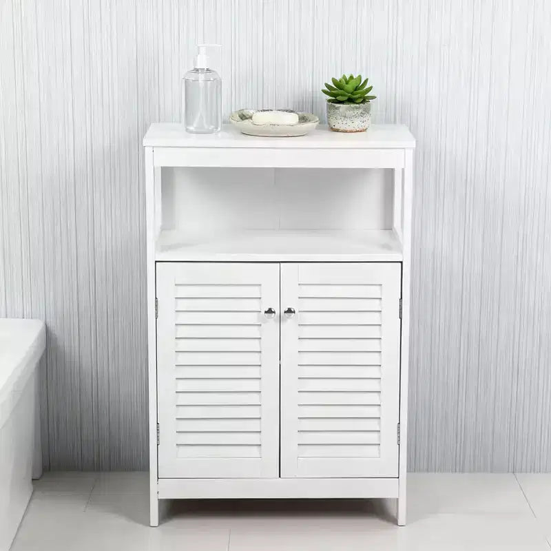 Bathroom Storage Cabinet, White Waterproof Freestanding Cabinet with Removable Shelf & Shutter Doors