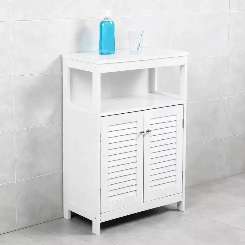 Bathroom Storage Cabinet, White Waterproof Freestanding Cabinet with Removable Shelf & Shutter Doors