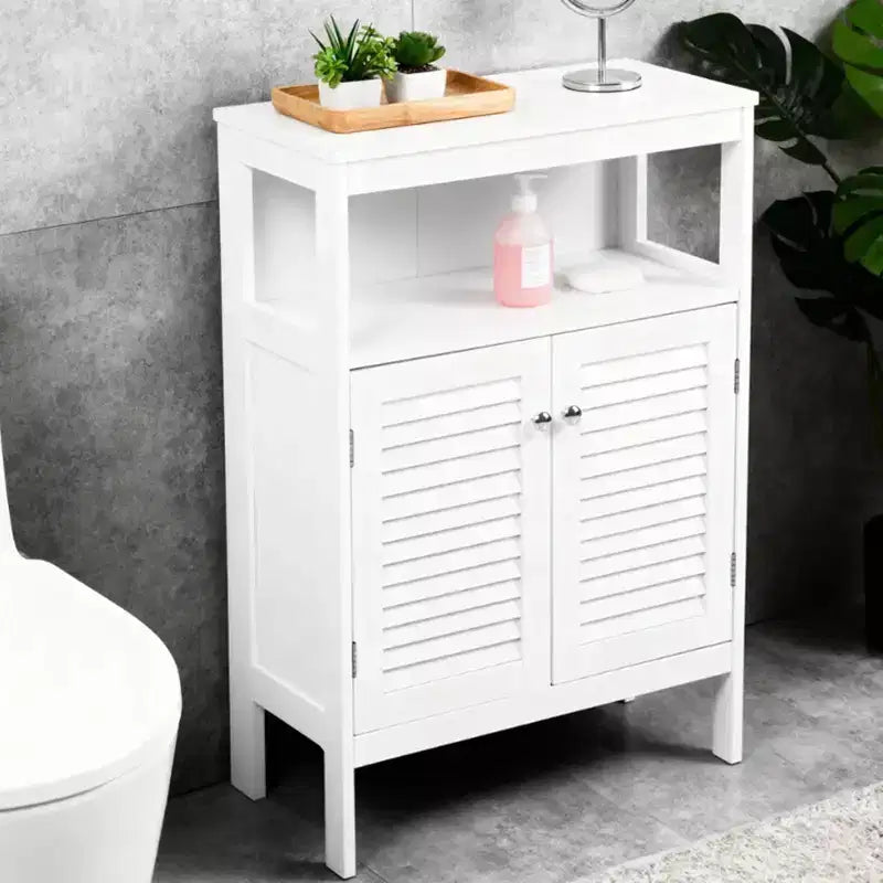 Bathroom Storage Cabinet, White Waterproof Freestanding Cabinet with Removable Shelf & Shutter Doors