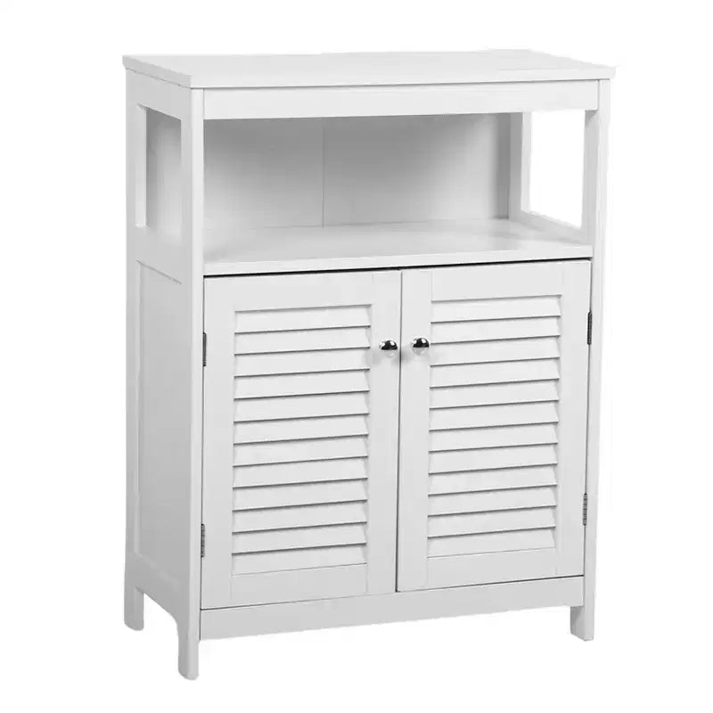 Bathroom Storage Cabinet, White Waterproof Freestanding Cabinet with Removable Shelf & Shutter Doors