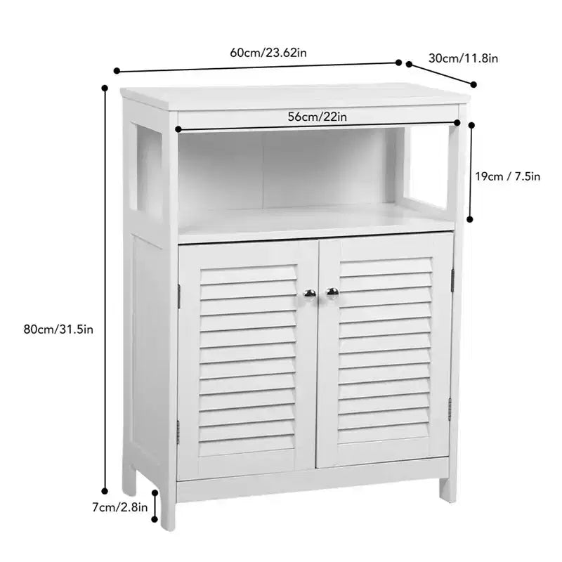 Bathroom Storage Cabinet, White Waterproof Freestanding Cabinet with Removable Shelf & Shutter Doors