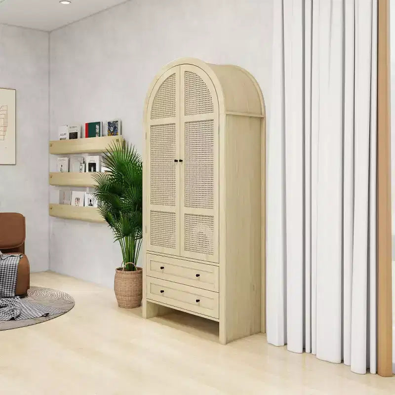 70.28" Tall Arched Kitchen Pantry Cabinet with Rattan Doors, 2 Drawers and Adjustable Shelves