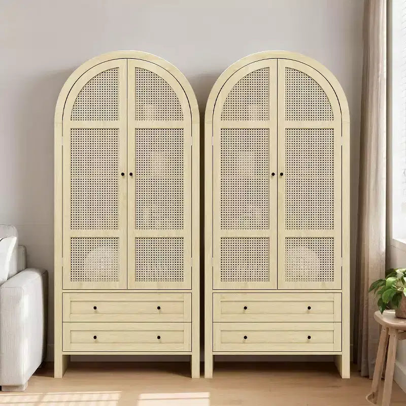 70.28" Tall Arched Kitchen Pantry Cabinet with Rattan Doors, 2 Drawers and Adjustable Shelves