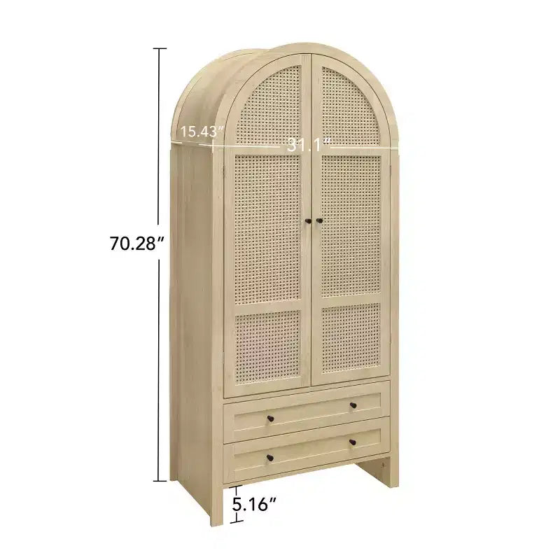 70.28" Tall Arched Kitchen Pantry Cabinet with Rattan Doors, 2 Drawers and Adjustable Shelves