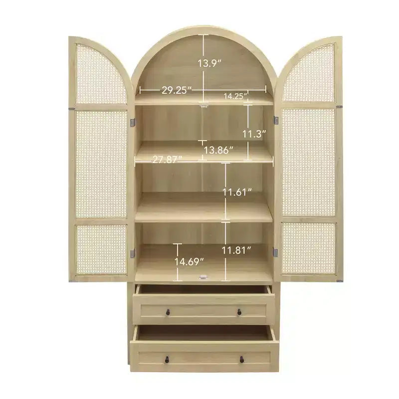 70.28" Tall Arched Kitchen Pantry Cabinet with Rattan Doors, 2 Drawers and Adjustable Shelves