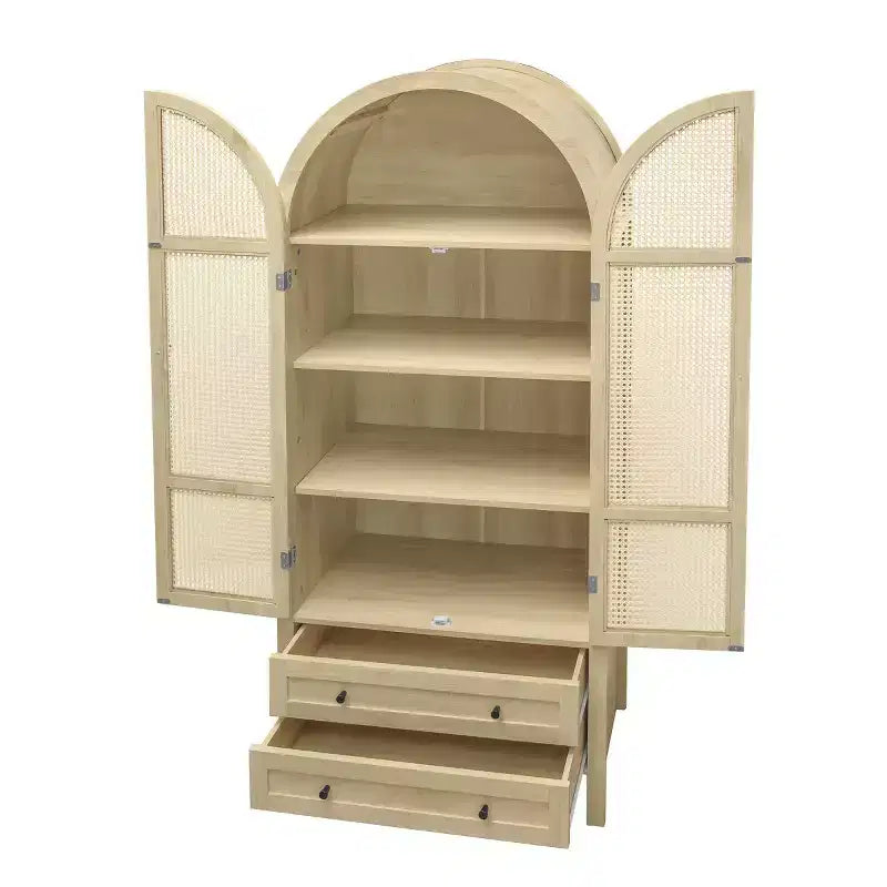 70.28" Tall Arched Kitchen Pantry Cabinet with Rattan Doors, 2 Drawers and Adjustable Shelves